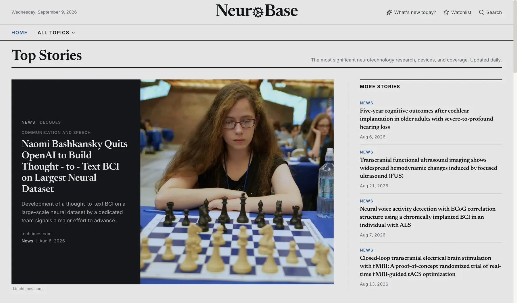 NeuroBase front page: a lead story on a thought-to-text brain-computer interface beside a column of the day's other neurotechnology headlines.